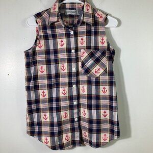 Womens Vintage Cabin Creek Sleeveless Plaid Anchor Button Shirt‎ M Cotton